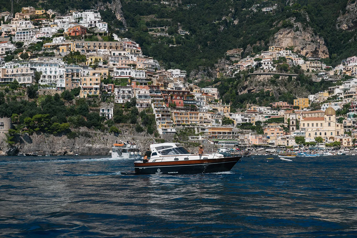 Panoramic view of Positano from the sea during a private tour trip.