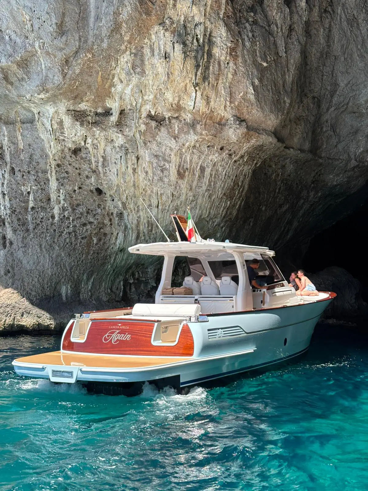 Lancia 42 boat with guests during a private tour along the Amalfi Coast